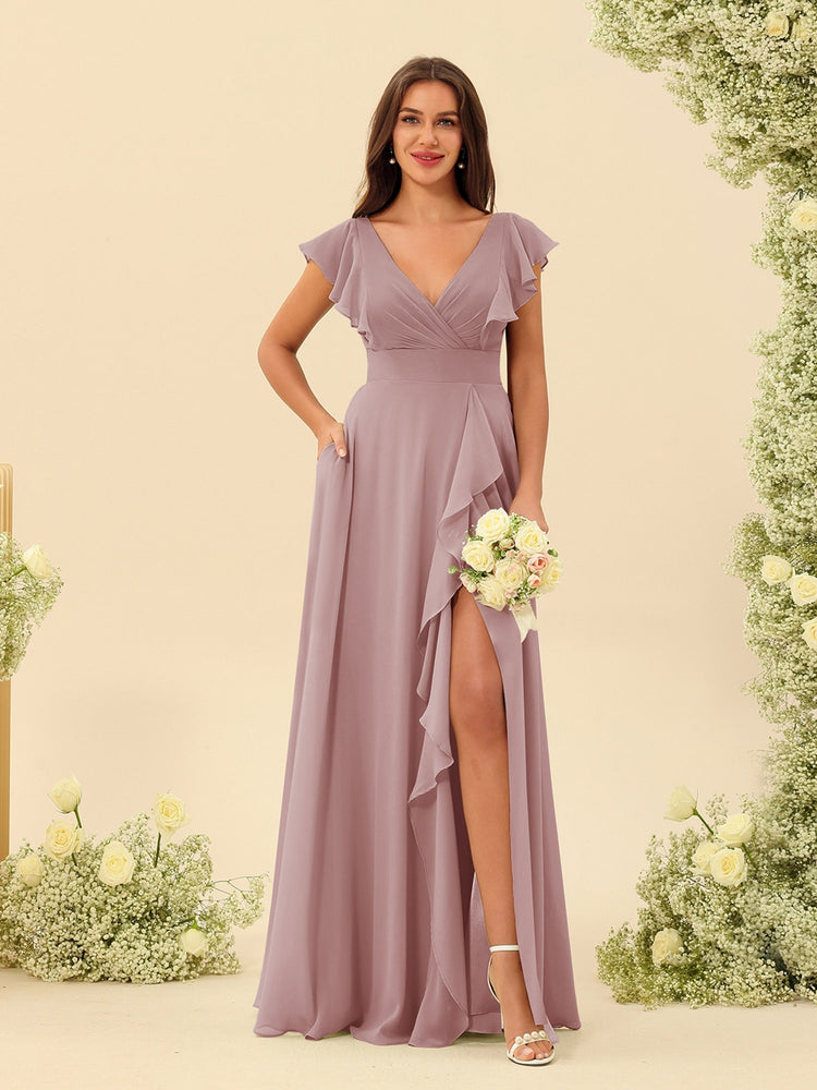 A-Line/Princess V-Neck Long Sleeves Floor-Length Plus Size Bridesmaid Dresses with Ruffles main image 1