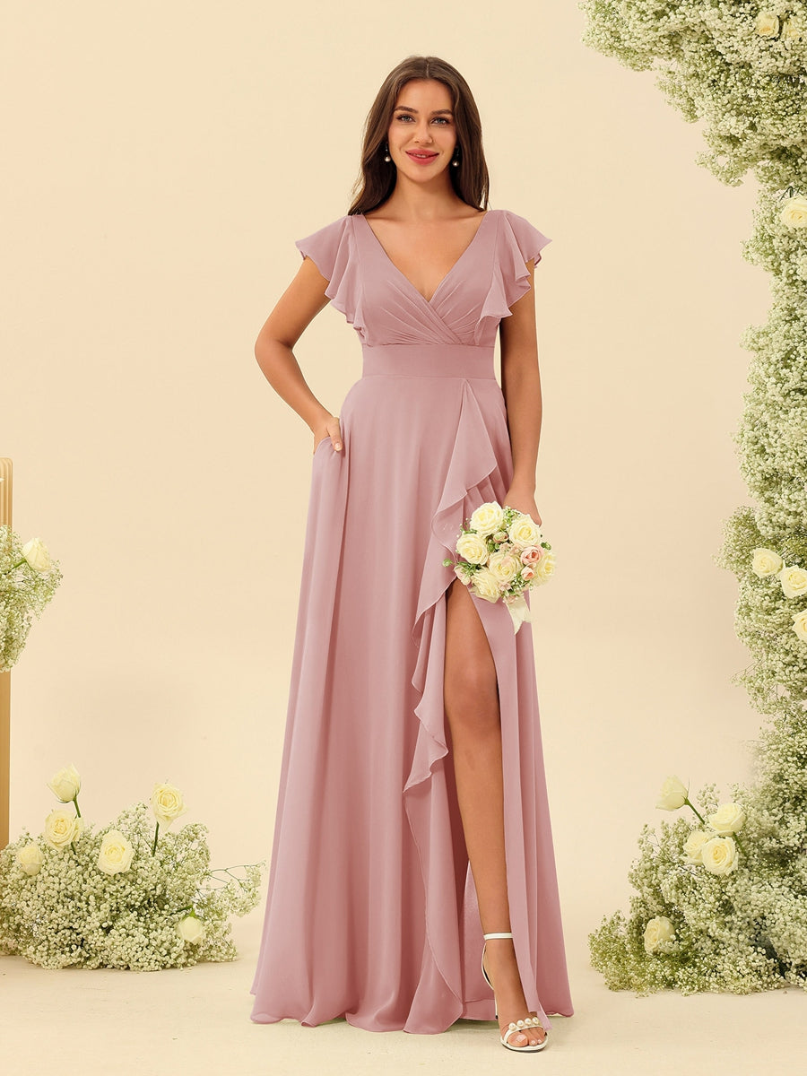 pink bridesmaid dresses long Chiffon A-line V-neck Dress MBD161 Available in sizes 030 with free custom sizing to ensure a beautifully tailored fit Bridesmaid Dress Infinity Dress Floor