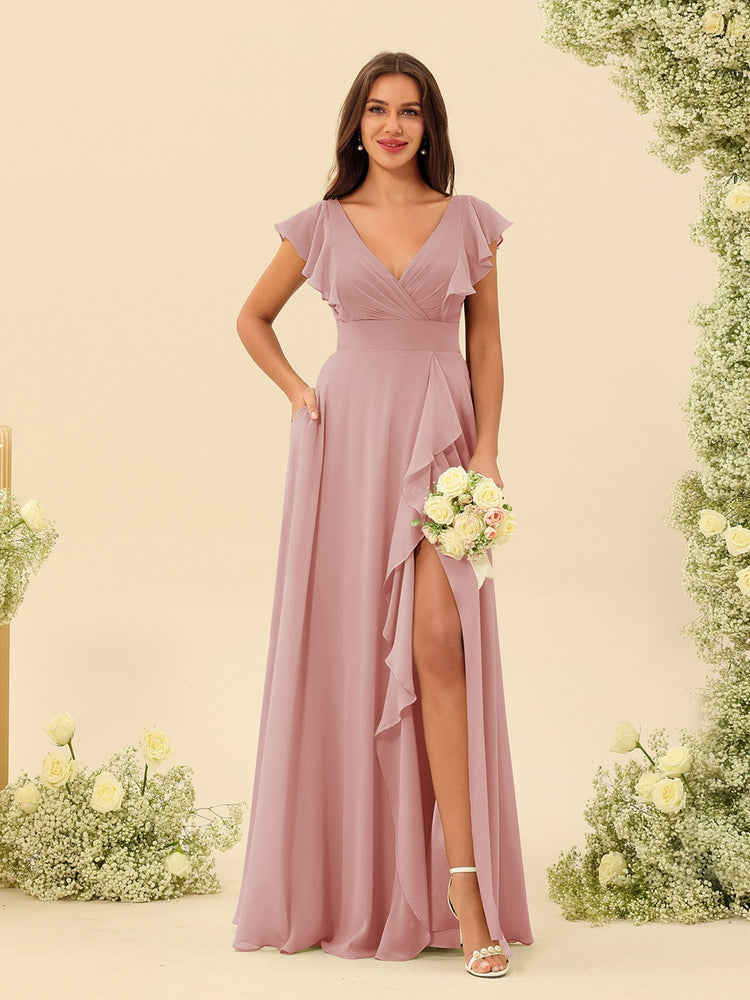 A-Line/Princess V-Neck Ankle-Length Bridesmaid Dresses With Ruffles & Split Side