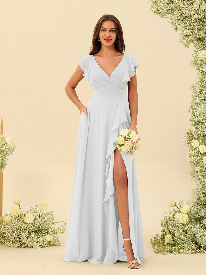 A-Line/Princess V-Neck Long Bridesmaid Dresses with Ruffles