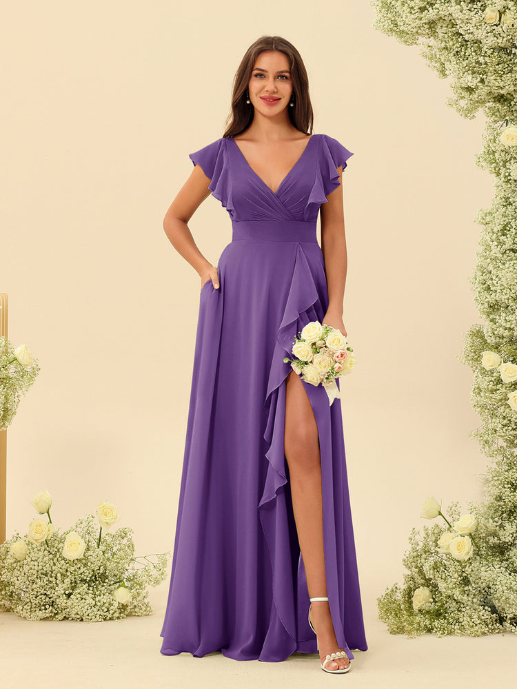 A-Line/Princess V-Neck Long Sleeves Bridesmaid Dresses with Pockets