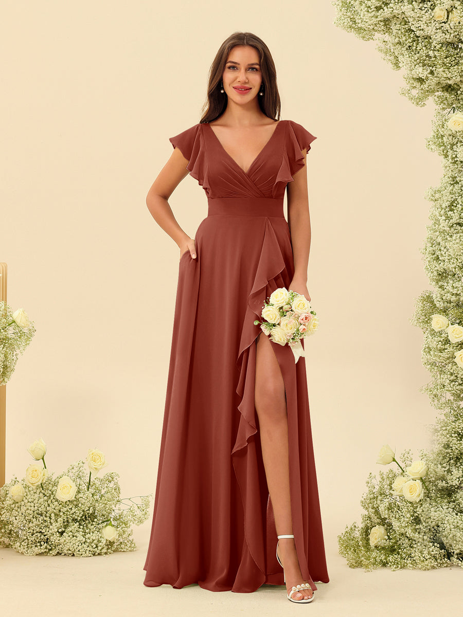 Chiffon A Line Ruffle Prom Dresses for Women V Neck Long Bridesmaid Dresses Backless Formal Evening Gowns  Y3043