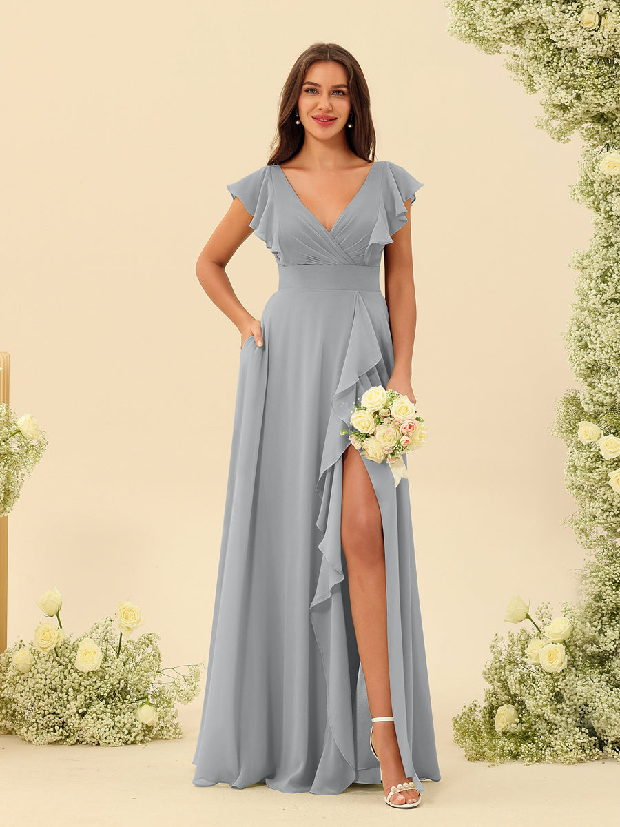 Chiffon A Line Ruffle Prom Dresses for Women V Neck Long Bridesmaid Dresses Backless Formal Evening Gowns  Y3043