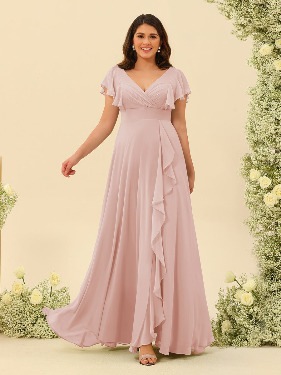 Lavetir Blush Pink Long Plus Size Bridesmaid Dresses A-line V-Neck 2026