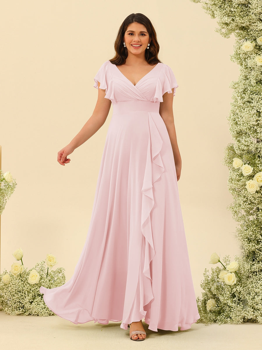 A-Line/Princess V-Neck Plus Size Bridesmaid Dresses with Ruffles – Lavetir