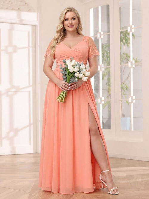 A-Line/Princess V-Neck Long Plus Size Bridesmaid Dresses with Split Side