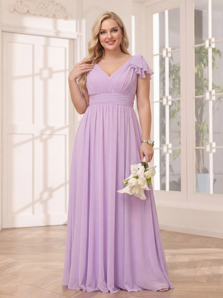 A-Line/Princess V-Neck Long Plus Size Bridesmaid Dresses with Ruffles