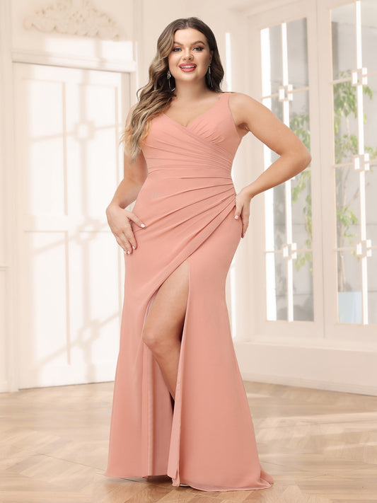 Sheath/Column V-Neck Long Plus Size Bridesmaid Dresses with Split Side