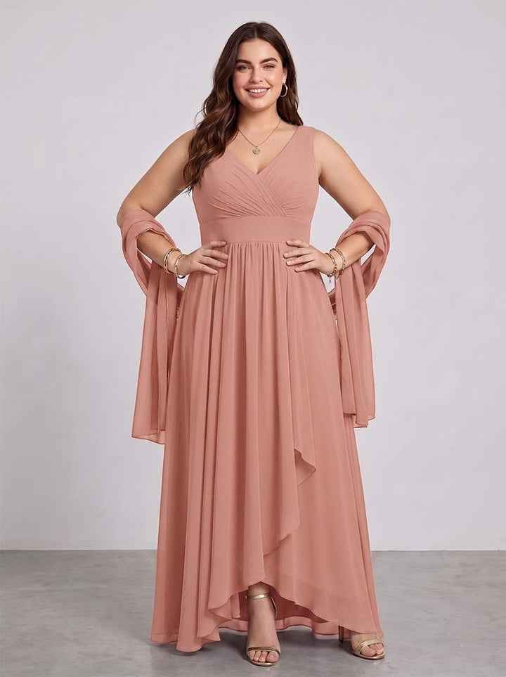 A-Line/Princess V-Neck Sleeveless Asymmetrical Plus Size Bridesmaid Dresses with Ruffles