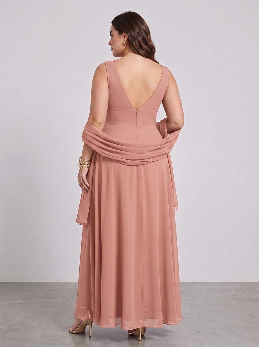 A-Line/Princess V-Neck Sleeveless Asymmetrical Plus Size Bridesmaid Dresses with Ruffles
