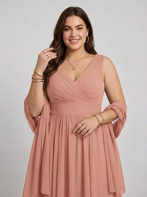 A-Line/Princess V-Neck Sleeveless Asymmetrical Plus Size Bridesmaid Dresses with Ruffles