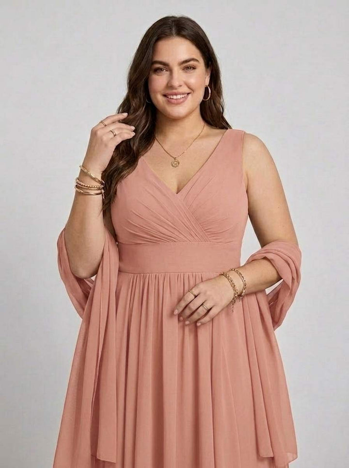 A-Line/Princess V-Neck Sleeveless Asymmetrical Plus Size Bridesmaid Dresses with Ruffles