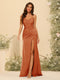 Sheath/Column Spaghetti Straps V-Neck Long Formal Dresses with Split Side