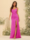 Sheath/Column Spaghetti Straps V-Neck Long Formal Dresses with Split Side