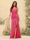 Sheath/Column Spaghetti Straps V-Neck Long Formal Dresses with Split Side