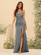Sheath/Column Spaghetti Straps V-Neck Long Formal Dresses with Split Side