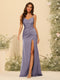 Sheath/Column Spaghetti Straps V-Neck Long Formal Dresses with Split Side