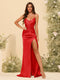 Sheath/Column Spaghetti Straps V-Neck Long Formal Dresses with Split Side