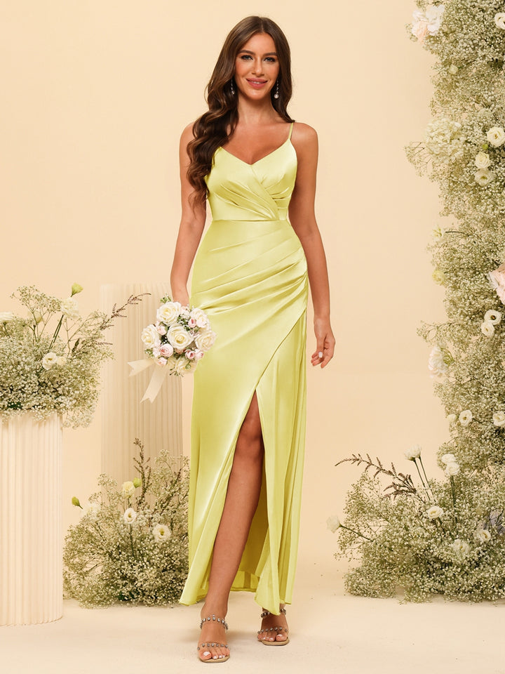 Sheath/Column V-Neck Long Formal Dresses with Split Side &amp; Ruched