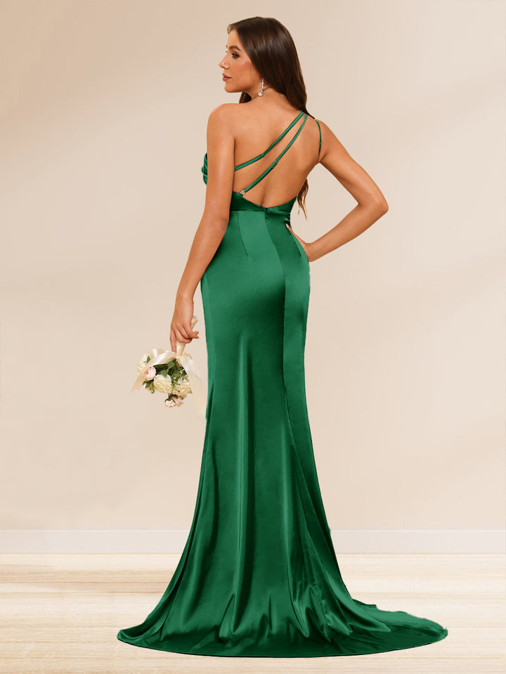 Sheath/Column One-Shoulder Long Evening Dresses with Split Side &amp; Ruched
