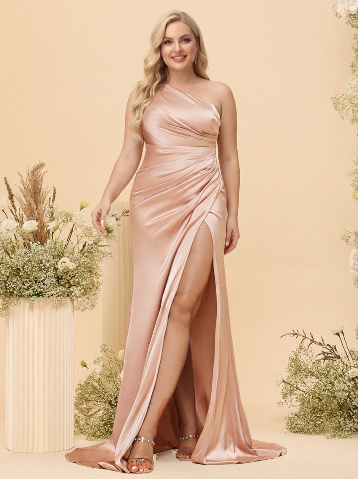 Sheath/Column One-Shoulder Long Formal Plus Size Bridesmaid Dresses with Split Side