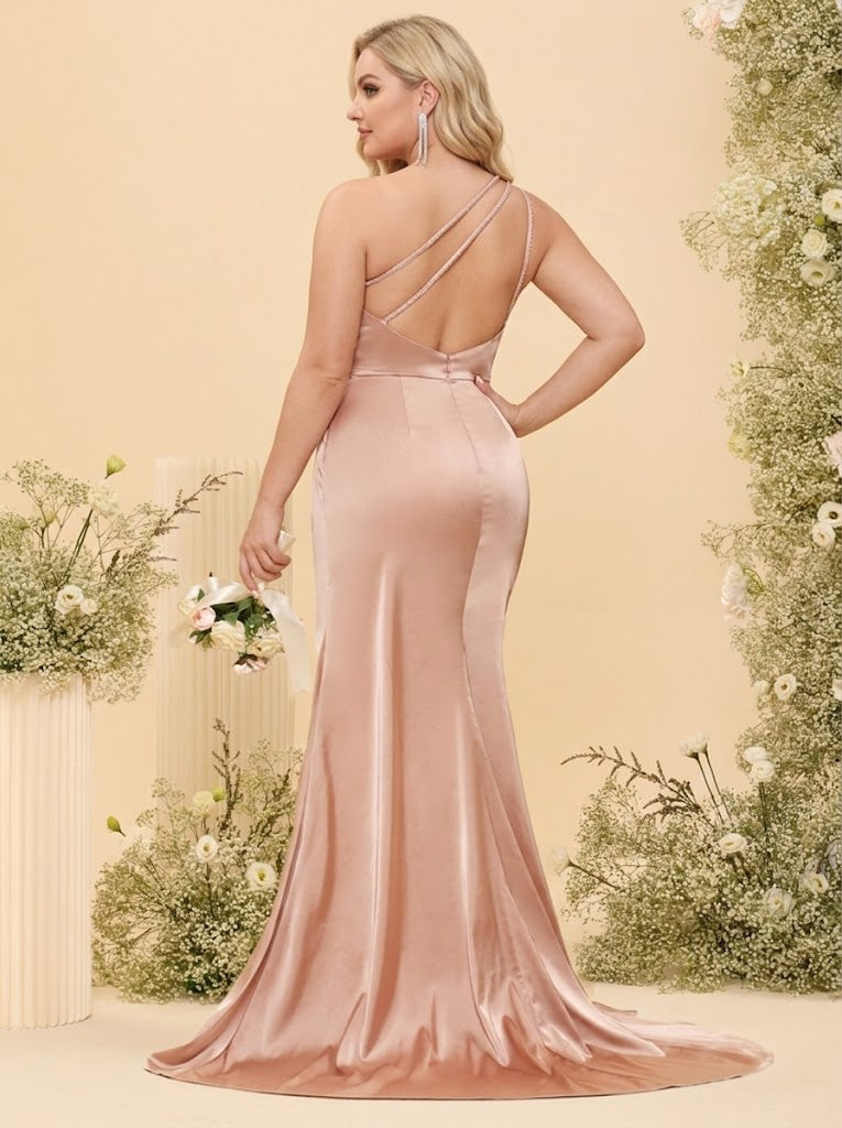 Sheath/Column One-Shoulder Long Formal Plus Size Bridesmaid Dresses with Split Side