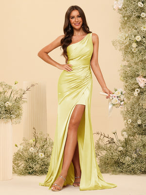 Sheath/Column One-Shoulder Long Formal Dresses with Split Side & Ruched