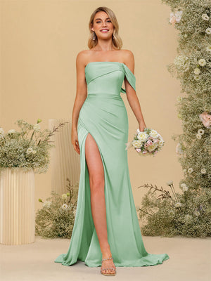 Sheath/Column Off-the-Shoulder Long Formal Dresses with Split Side