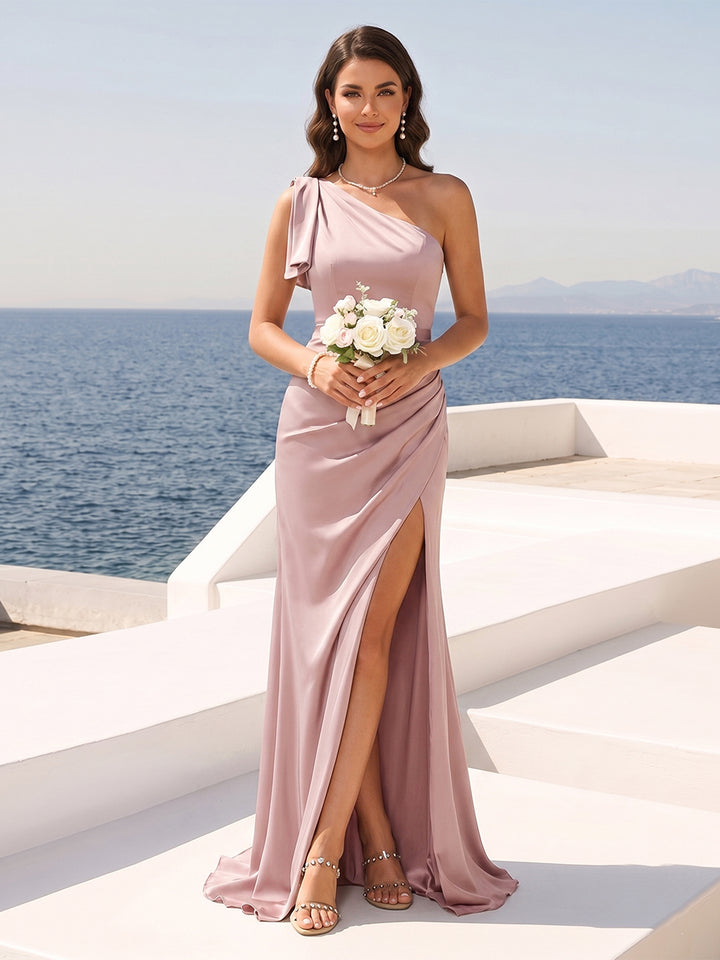 Sheath/Column One-Shoulder Sweetheart Long Formal Dresses with Split Side &amp; Ruched