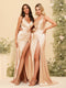 Sheath/Column V-Neck Long Formal Dresses with Split Side & Ruched