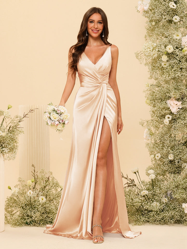 Sheath/Column V-Neck Long Formal Dresses with Split Side &amp; Ruched