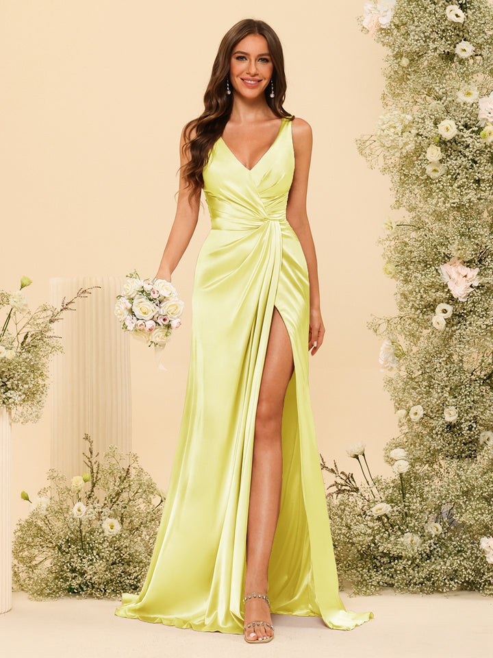 Sheath/Column V-Neck Long Formal Dresses with Split Side &amp; Ruched