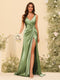 Sheath/Column V-Neck Long Formal Dresses with Split Side & Ruched