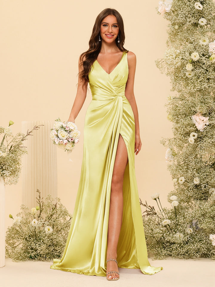Sheath/Column V-Neck Long Formal Dresses with Split Side &amp; Ruched