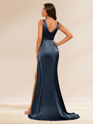 Sheath/Column V-Neck Long Formal Dresses with Split Side & Ruched
