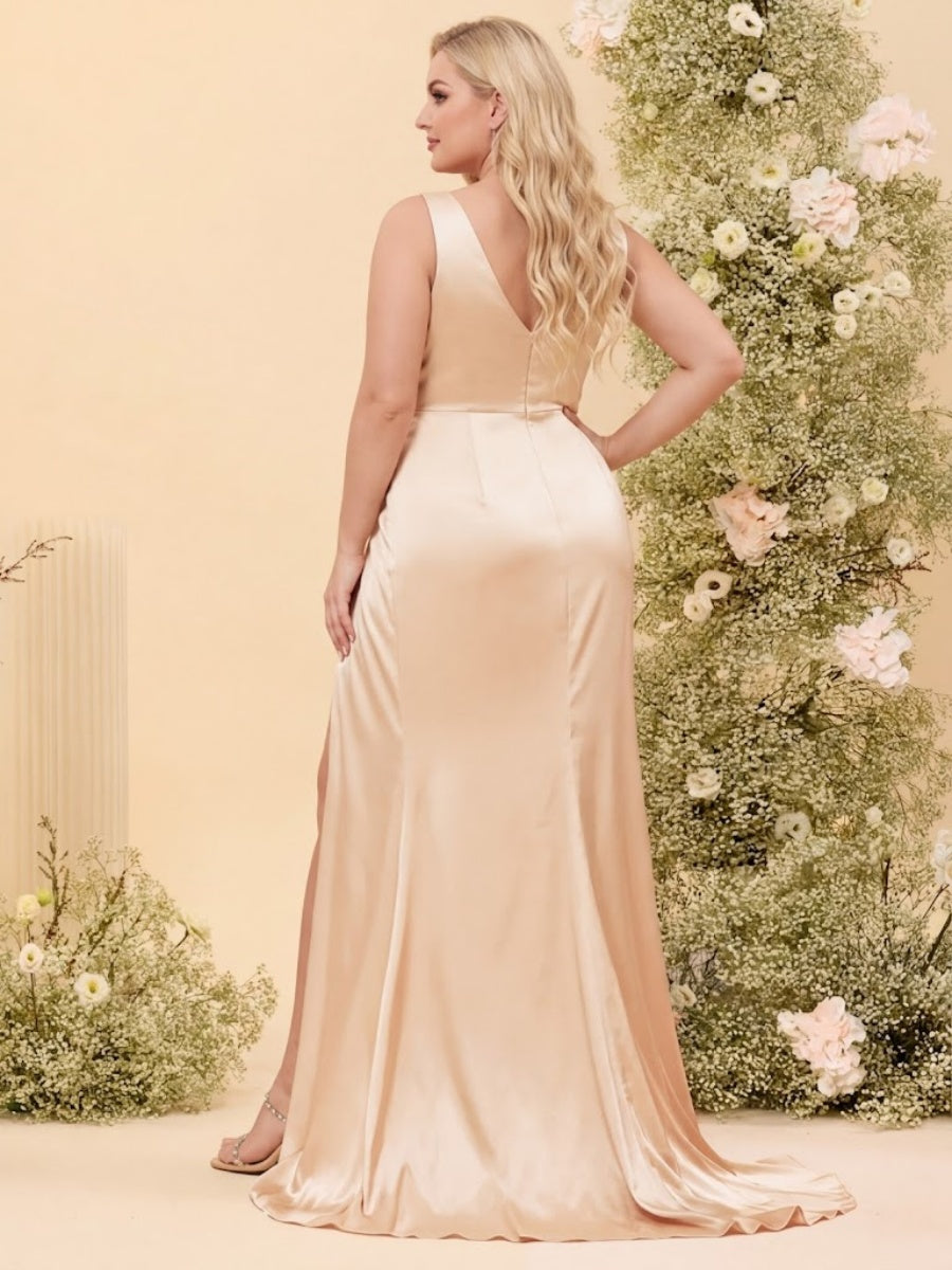 Sheath/Column V-Neck Long Formal Plus Size Dresses with Split Side &amp; Ruched