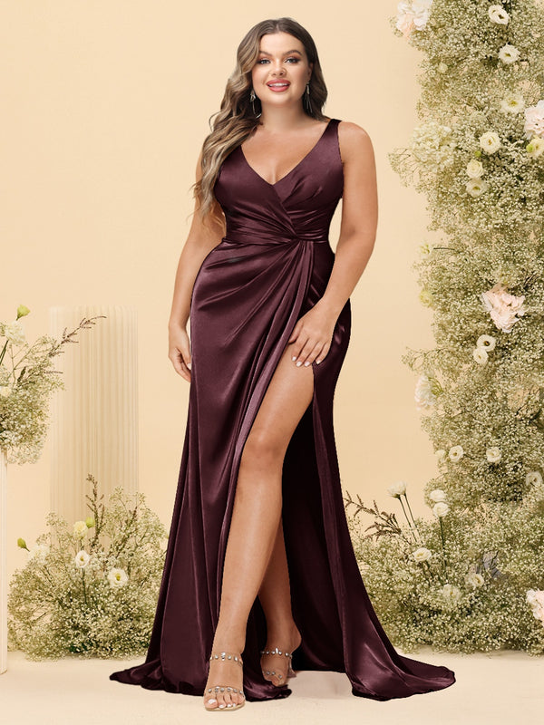 Sheath/Column V-Neck Long Formal Plus Size Dresses with Split Side & Ruched