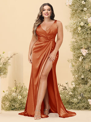 Sheath/Column V-Neck Long Formal Plus Size Dresses with Split Side & Ruched