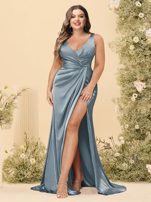 Sheath/Column V-Neck Long Formal Plus Size Dresses with Split Side & Ruched