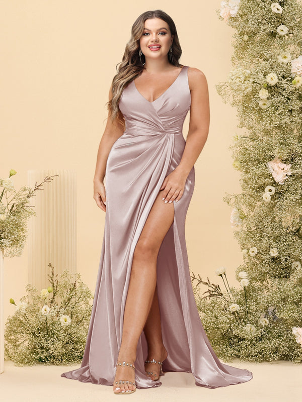 Sheath/Column V-Neck Long Formal Plus Size Dresses with Split Side & Ruched