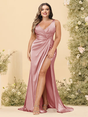 Sheath/Column V-Neck Long Formal Plus Size Dresses with Split Side & Ruched