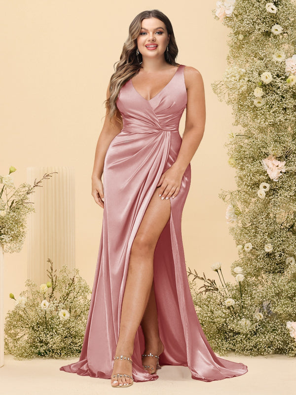 Sheath/Column V-Neck Long Formal Plus Size Dresses with Split Side & Ruched
