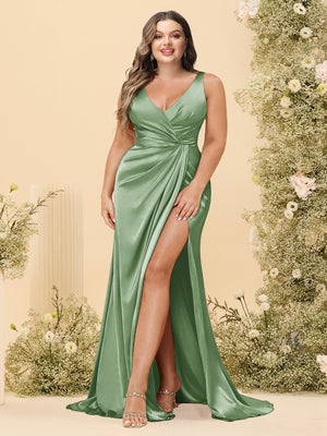 Sheath/Column V-Neck Long Formal Plus Size Dresses with Split Side & Ruched