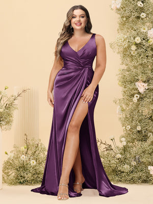 Sheath/Column V-Neck Long Formal Plus Size Dresses with Split Side & Ruched