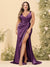 Sheath/Column V-Neck Long Formal Plus Size Dresses with Split Side & Ruched