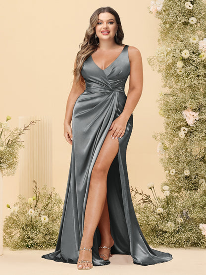 Sheath/Column V-Neck Long Formal Plus Size Dresses with Split Side & Ruched