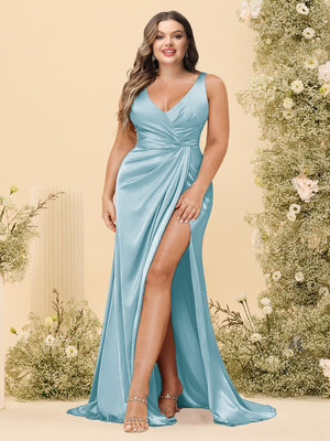 Sheath/Column V-Neck Long Formal Plus Size Dresses with Split Side & Ruched