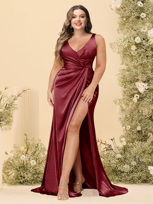 Sheath/Column V-Neck Long Formal Plus Size Dresses with Split Side & Ruched