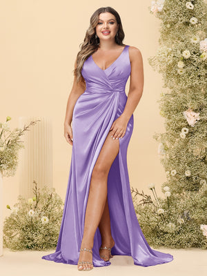Sheath/Column V-Neck Long Formal Plus Size Dresses with Split Side & Ruched
