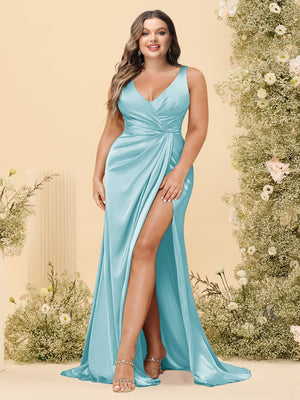 Sheath/Column V-Neck Long Formal Plus Size Dresses with Split Side & Ruched